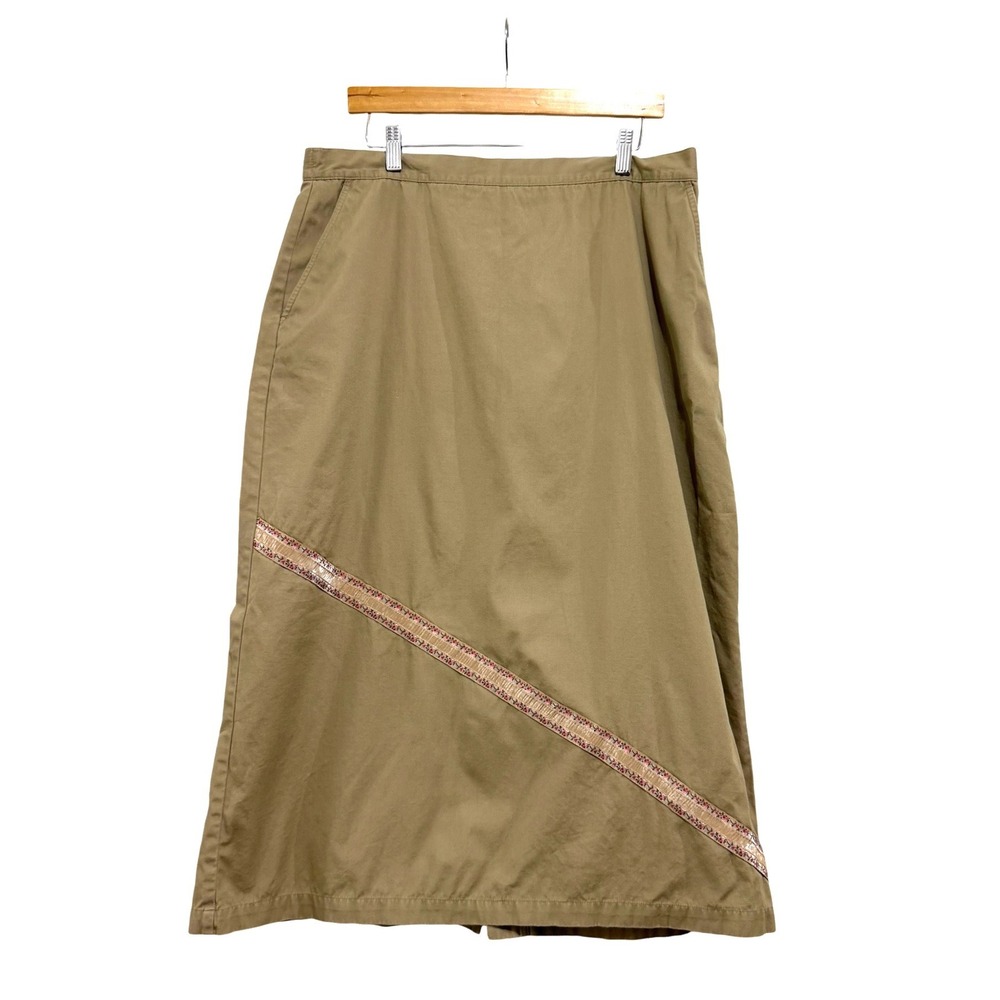 Orvis Khaki Cotton Midi Skirt Embroidered Ribbon Trim Size 18 OR-92TC Tan Pocket